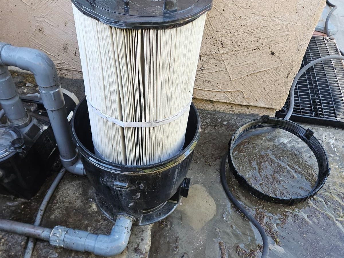 After: the same pool filter cartridge fully cleaned and reinstalled by Aqua Fresh Pool Service